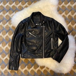 Vegan leather motorcycle jacket.